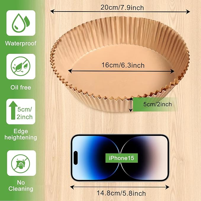 200pcs Air Fryer Disposable Liner, Non-Stick Parchment Paper for Baking, Oil-Proof, Water-Proof, Food Grade (6.3" Bottom, 7.9" Top)