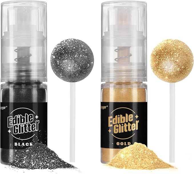 Sujoygar Edible Glitter Spray 2 Colors, Black and Gold Edible Glitter for Cocktails, Shimmer Powder Luster Dust Edible for Cake Drink Strawberrie Cupcake Cookies Haloween Baking Decoretion, Vegan(5g/Bottle)
