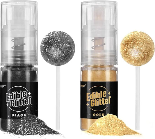 Sujoygar Edible Glitter Spray 2 Colors, Black and Gold Edible Glitter for Cocktails, Shimmer Powder Luster Dust Edible for Cake Drink Strawberrie Cupcake Cookies Haloween Baking Decoretion, Vegan(5g/Bottle)