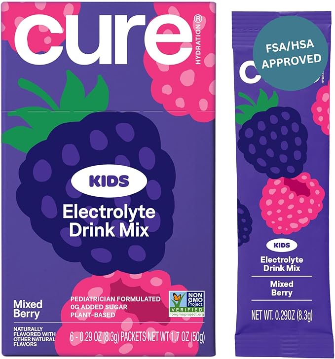 Cure Hydration - Kids Electrolyte Drink Mix | Plant-Based Pediatrician Formulated Rehydration | No Added Sugar, FSA-HSA, Non-GMO, Gluten-Free, No Artificial Flavors | Box of 6 Packets - Mixed Berry