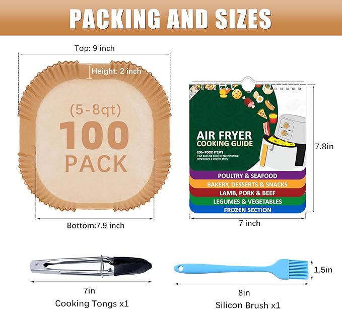 Air Fryer Liners Disposable 7.9??Square Airfryer Liners, 100 Pcs Air Fryer Parchment Paper Liners, Non-Stick airfryer paper liners, Air Fryer Cheat Sheet Magnets Over 200 Foods (Air Fryer Accessories)