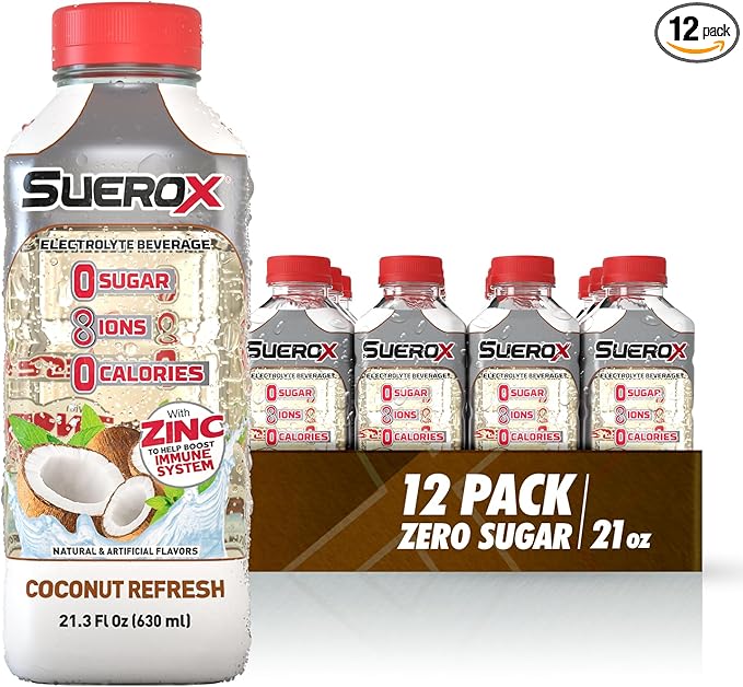 SueroX Sugar Free Sports Drink for Hydration and Recovery, Electrolyte Hydration Drink with 8 Ions, Zero Calorie Sports Drinks, Coconut Refresh, 21.3 Fl Oz, 12 Count