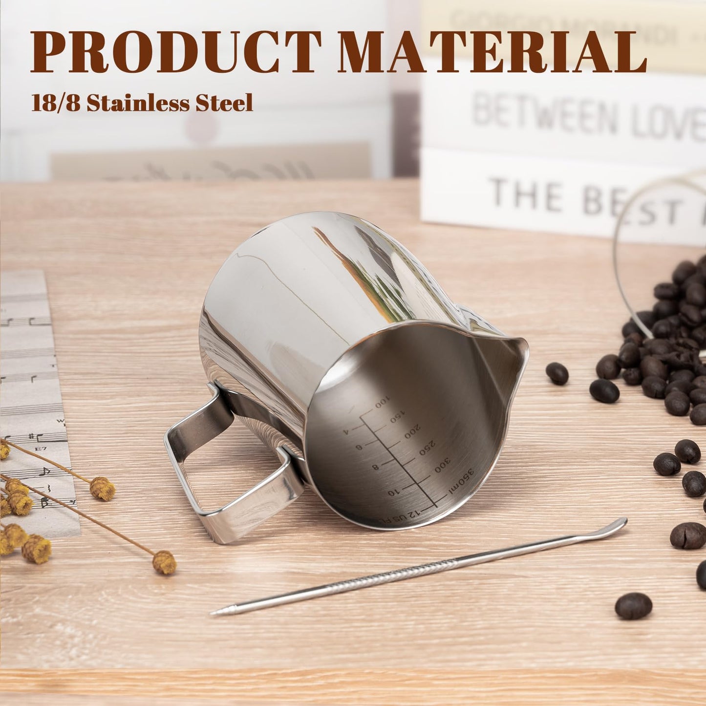 Amrules Milk Frothing Pitcher, 12oz Milk Frother Cup with Clear Scale, 304 Stainless Steel