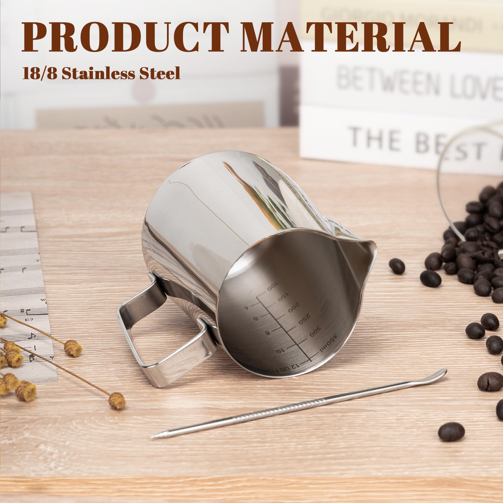 Amrules Milk Frothing Pitcher, 12oz Milk Frother Cup with Clear Scale, 304 Stainless Steel