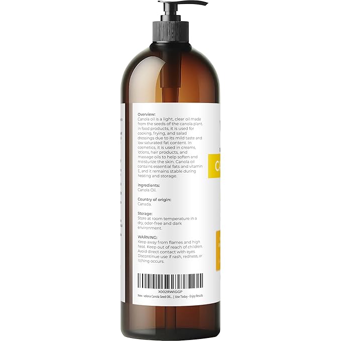 velona Canola Seed Oil 32 fl oz | 100% Pure and Natural Carrier Oil | Refined, Expeller pressed | Cooking, Dressing, Skin, Face, Body, Hair Care | Use Today - Enjoy Results