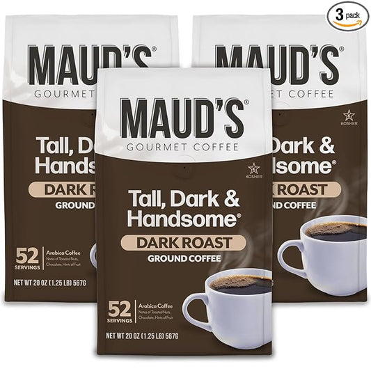Maud's Dark Roast Ground Coffee, 3 Bags, (60oz), 100% Arabica Coffee, 156 Servings