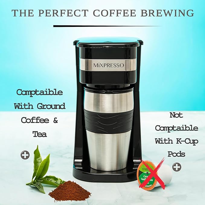 Mixpresso Black Personal Single Serve Coffee Maker with 14oz Travel Mug, Drip Small Coffee Maker with Auto Shut Off, Reusable Filter, Works with Ground Coffee Only ??Not for K-Cup Pods