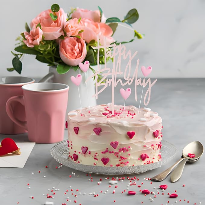 ZHENGYE Pink Happy Birthday Cake Topper Sign And 5 Pink Love Cake Toppers Cake Topper Decoration For Cake Birthday Decorations