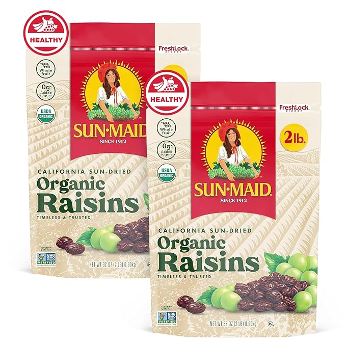 Sun-Maid Organic California Sun-Dried Raisins - (2 Pack) 32 oz Resealable Bag - Organic Dried Fruit Snack for Lunches, Snacks, and Natural Sweeteners