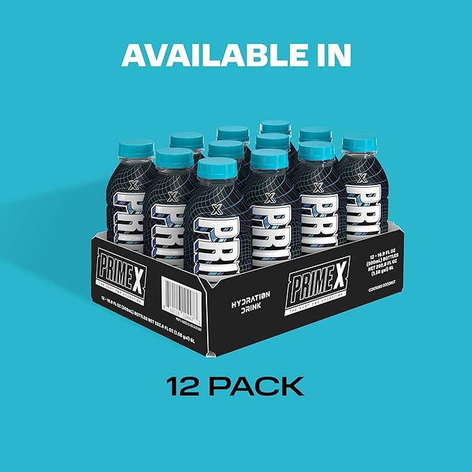 PRIME Hydration PRIME X, Sports Drinks, Electrolyte Enhanced for Ultimate Hydration, 250mg BCAAs, B Vitamins, Antioxidants, Low Sugar, 16.9 Fl Oz, 12 Pack