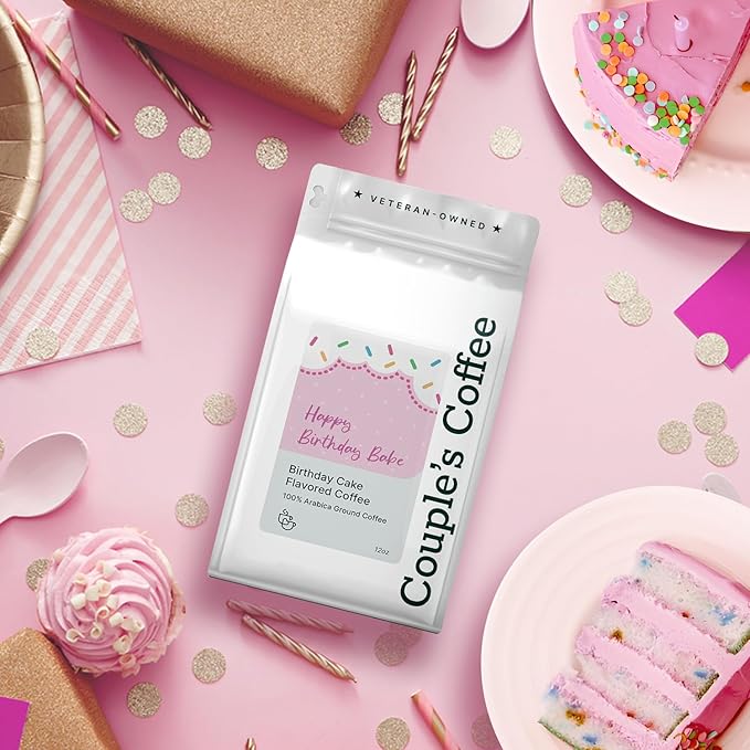 Couple?™s Coffee Ground Coffee | Gives Back to Military Families | Happy Birthday Babe | Medium Roast Birthday Cake Flavored Coffee | Made with 100% Arabica Beans | 12oz bag brews about 34 cups