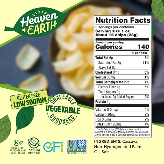 Heaven & Earth Cassava Chips, 5oz (2 Pack) Gluten Free | Non GMO | Low Sodium | Thin & Crisp Root Snack | Kosher