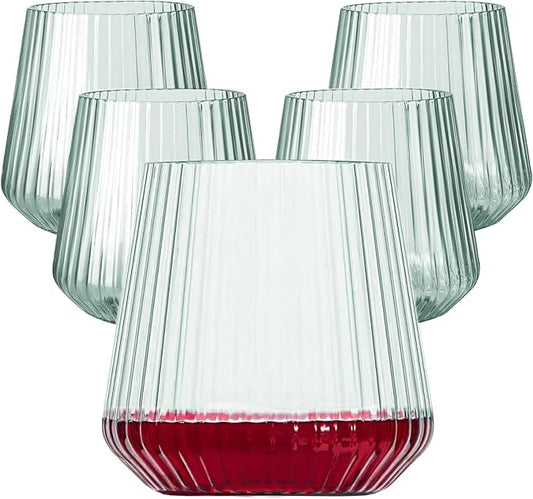 40 Pack Plastic Ribbed Wine Glasses, 14Oz Origami Disposable Wine Glasses Unbreakable Clear Plastic Cocktail Glasses Recyclable Shatterproof Reusable Wine Cups (14oz-green-40pack)
