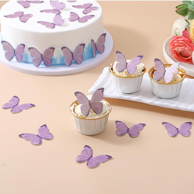 THJ Butterfly Cupcake Toppers 48Pcs Purple Edible Butterflies Cake Toppers Wafer Paper Butterflies for Birthday Party Wedding Anniversary Cupcake Cake Decorations Supplies