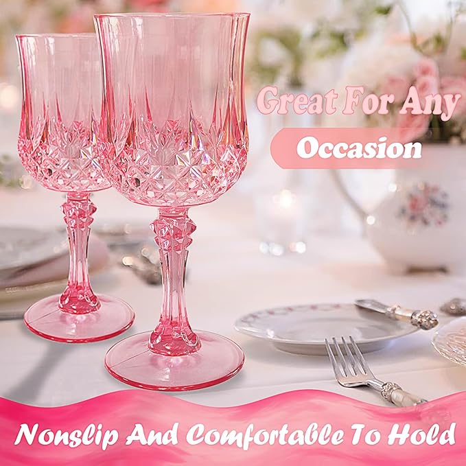 24 PCS Pink Plastic Wine Glasses,Reusable Plastic Wine Glasses,Pink Goblet Glass,Durable and Sturdy Cups Can Be Used for Various Parties Such as Weddings!