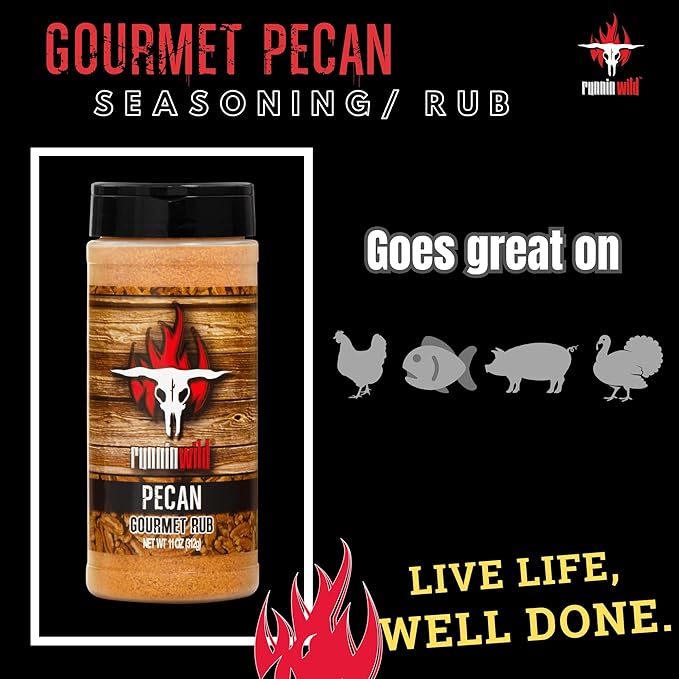 Gourmet Pecan Rub | Pecan BBQ Seasoning Rub for Turkey, Pork, Ribs, Chicken and Salmon | No Artificial Flavors and No MSG added | Runnin??Wild Foods, 11 ounces