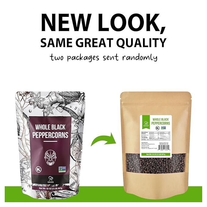 Soeos Black Peppercorns, 32oz (Pack of 1), Non-GMO, Kosher, Packed to Keep Peppers Fresh, Peppercorn for Grinder Refill, Whole Peppercorns