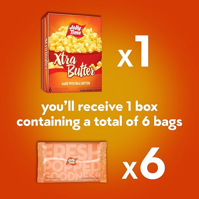 Jolly Time Xtra Butter, Ultimate Movie Theater Butter Microwave Popcorn, 3oz Sharing Bag, 6 Bags Per Carton (Xtra Butter, 3 Ounce (Carton of 6))