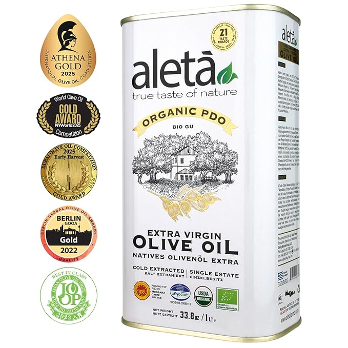 Aleta Farms Olive Oil Extra Virgin, USDA Organic, Single Estate PDO Polyphenol Rich Olive Oil, Cold Pressed, Global Gold Awards, EVOO, Kosher. 33.8 Fl Oz (Pack of 1)