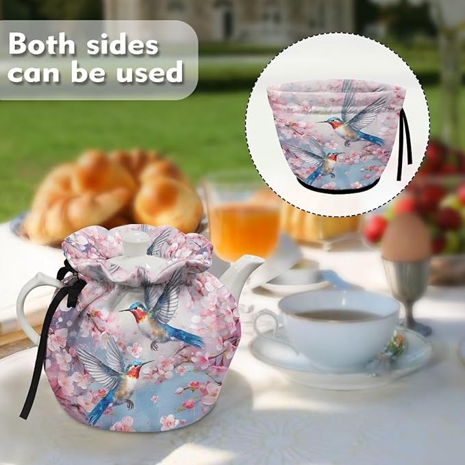 Hummingbird Tea Cozy for Teapot, Insulated, Peach Blossom, Fabric, Soft, Comfortable, Decorative Accessory