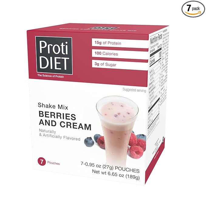 ProtiDiet Meal Replacement High Protein Shake Mix - Berries and Cream - 7 Pouches - Delicious Smoothie Mix with 15g Protein and Low Sugar - 100 Calorie Protein Shake Meal Replacement