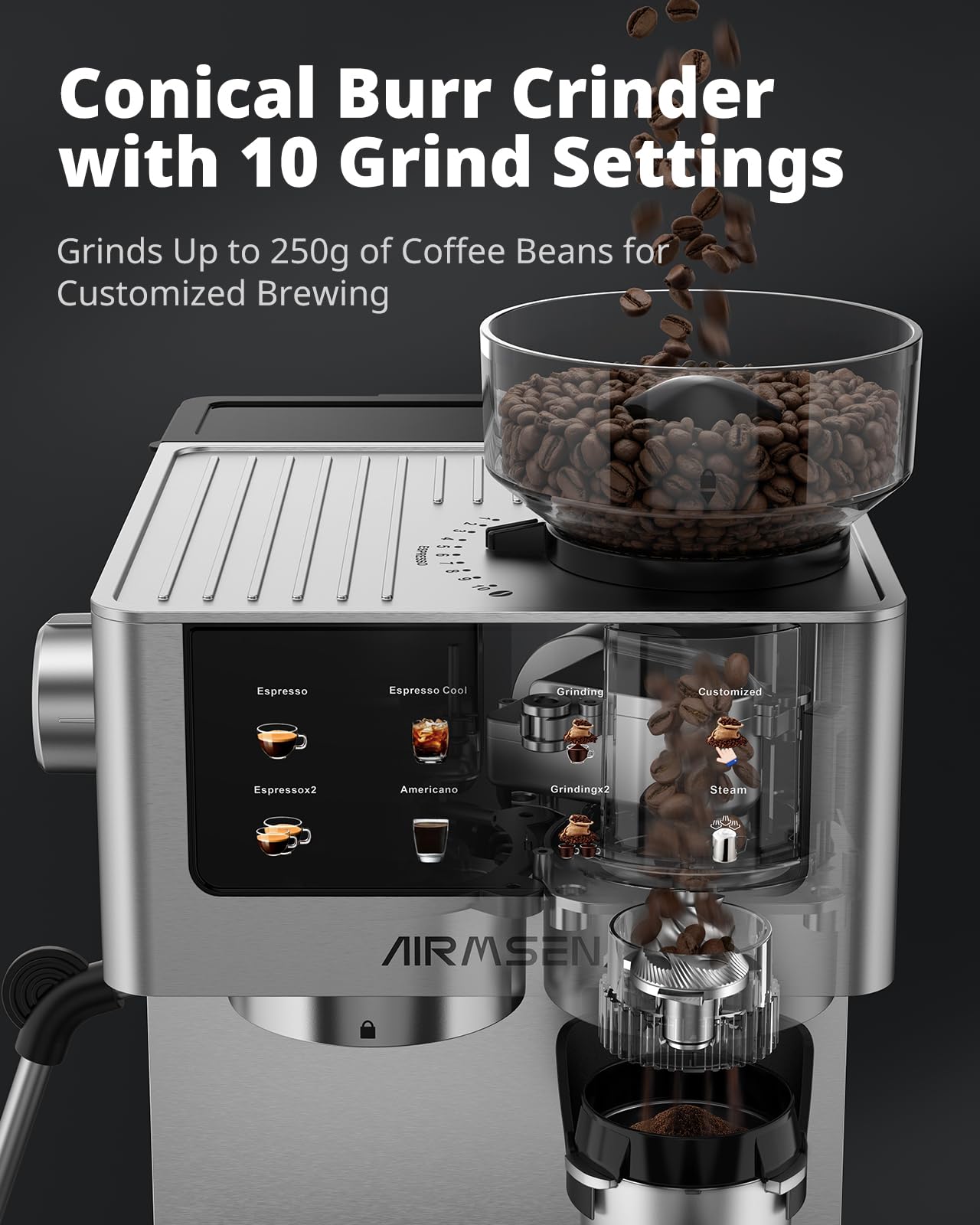 AIRMSEN Espresso Machines with Burr Grinder, 20 Bar, Milk Frother Steam Wand, Stainless Steel