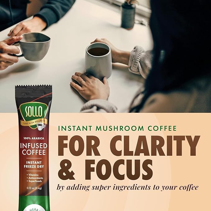Sollo Infused Instant Chaga Mushroom Coffee Sticks (24 Servings) Memory & Clarity Support, 100% Chaga, Medium-Dark Roast, Arabica Freeze Dried Coffee in Single Serve Sticks.