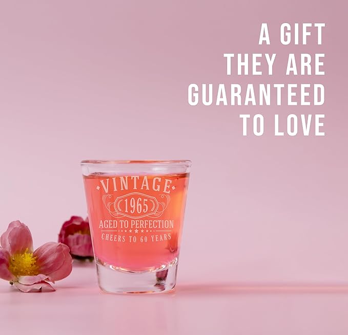 Vintage 1965 Etched 1.75oz 1pk Shot Glass – Happy 60th Birthday Gifts for Women Men, Cheers to Turning 60 Year Old Woman Her Decorations Decor, 60th Anniversary Bday Party Favors, Gift Ideas 1.0