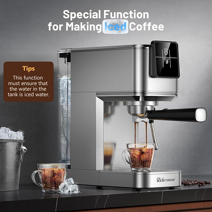 Espresso Machine, 20 Bar Espresso Maker Milk Frother & LCD Panel, Hot & Iced with Rapid Cold Brew, Stainless Steel Espresso Coffee Machine with 41oz Water Tank for Cappuccino, Latte