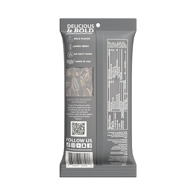 SMACKIN' Sunflower Seeds, Roasted Jumbo Small-Batch, American Made - Cracked Pepper. 1.5oz bags (36 Pack)