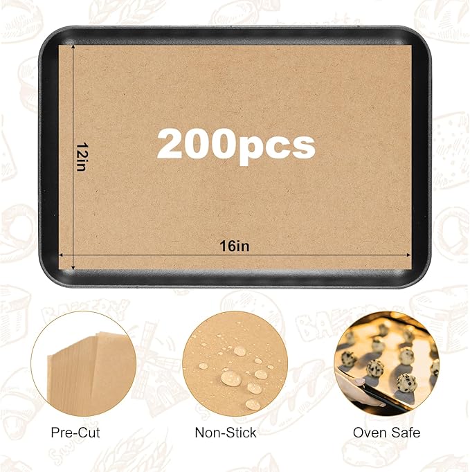 200 PCS Unbleached Parchment Paper 12x16 In ??Precut Baking Sheets for Air Fryer, Oven, and Grill ??Nonstick, Oil-Resistant, High-Temperature Baking Paper for Cooking, Roasting, and Food Prep