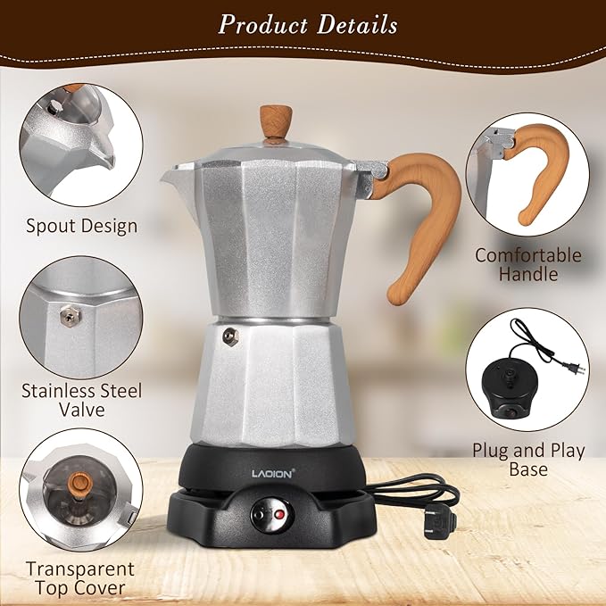 Cafeteras Electricas Modernas,6 Cup Portable Espresso Maker,300ml Moka Pot with Detachable Base & Overheat Protection, Great for Home竊똎ffice, or Travel, a Thoughtful Gift for Coffee Lovers