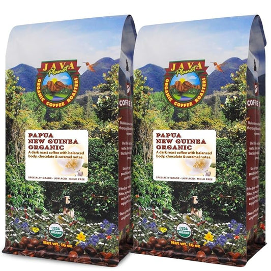 Low Acid Organic Coffee ??Whole Bean, Mold-Free & Stomach Friendly by Java Planet, Papua New Guinea Single Origin Coffee, Dark Roast, Smooth Full Flavored, 2x1LB Bag
