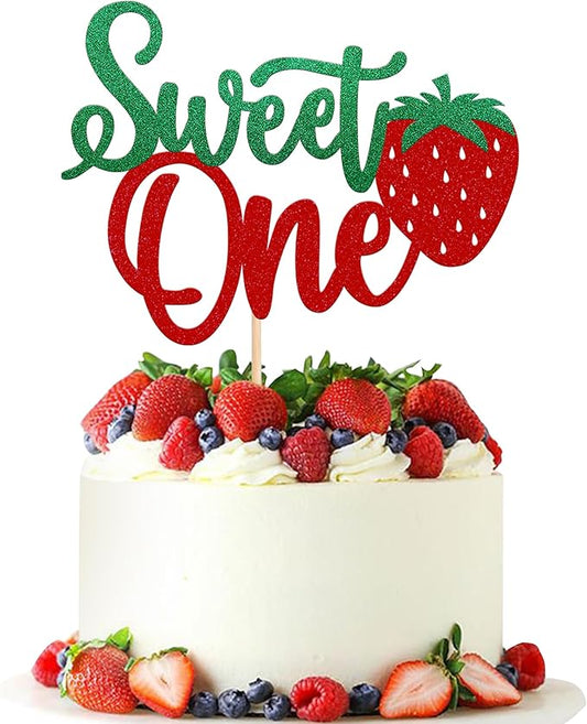 1 Pack Sweet One Cake Topper Glitter First Birthday Strawberry Cake Pick for Fruit Baby Shower 1st Birthday Berry Sweet Party Cake Decoration Supplies Green