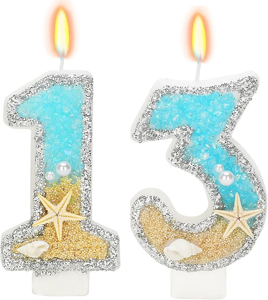 Birthday Candle for Cake, Beach Starfish Sequins Candles, 2.76 inch Cake Topper Decoration for Birthday Party (Number 13)