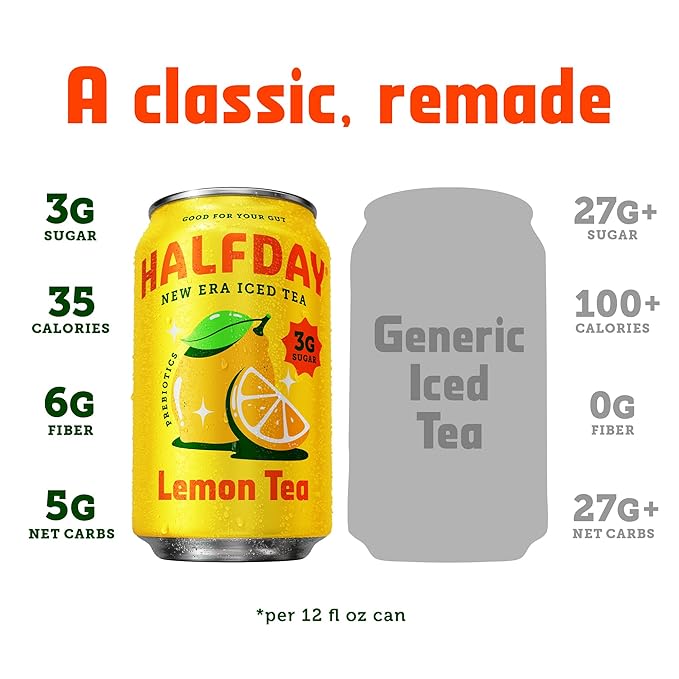 HALFDAY Prebiotic Iced Tea Lemon, Peach, Raspberry and Half & Half Variety Pack, Gut Health, Plant