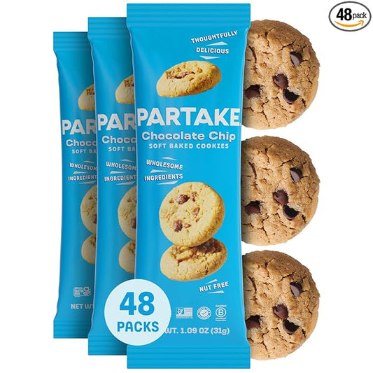 Partake Gluten Free Soft Baked Chocolate Chip Cookies - Vegan - Free From the Top 9 Allergens Including Dairy, Wheat, Soy, Eggs, & Peanuts - Non GMO - Safe School & Office Snack (48 Packs, 1.09 oz)