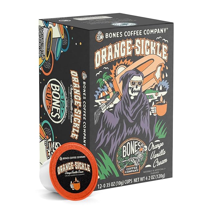 Bones Coffee Company Orange Sickle, Orange Vanilla Cream Flavored Coffee Pods, Low Acid Medium Roast Single-Serve Bones Cups, Compatible with 1.0 & 2.0 K-Cups Brewers Coffee Maker, 12 Count