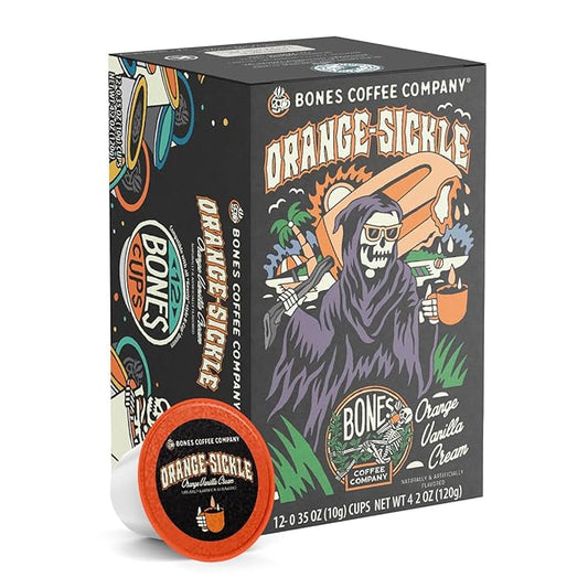 Bones Coffee Company Orange Sickle, Orange Vanilla Cream Flavored Coffee Pods, Low Acid Medium Roast Single-Serve Bones Cups, Compatible with 1.0 & 2.0 K-Cups Brewers Coffee Maker, 12 Count