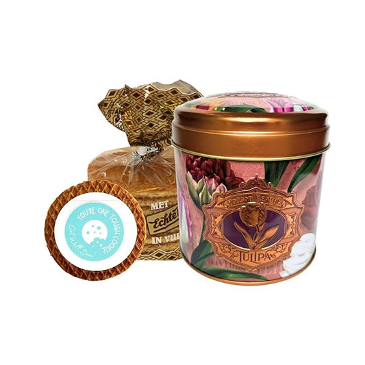 DeReuze Stroopwafels Gift Set – Caramel Waffle Cookies in Decorative Dutch Tin – Gifts from Netherlands with Special Occasion Message Stroopwafel in Organza Bag – Unique Food Gift for Any Occasion (Get Well Soon)