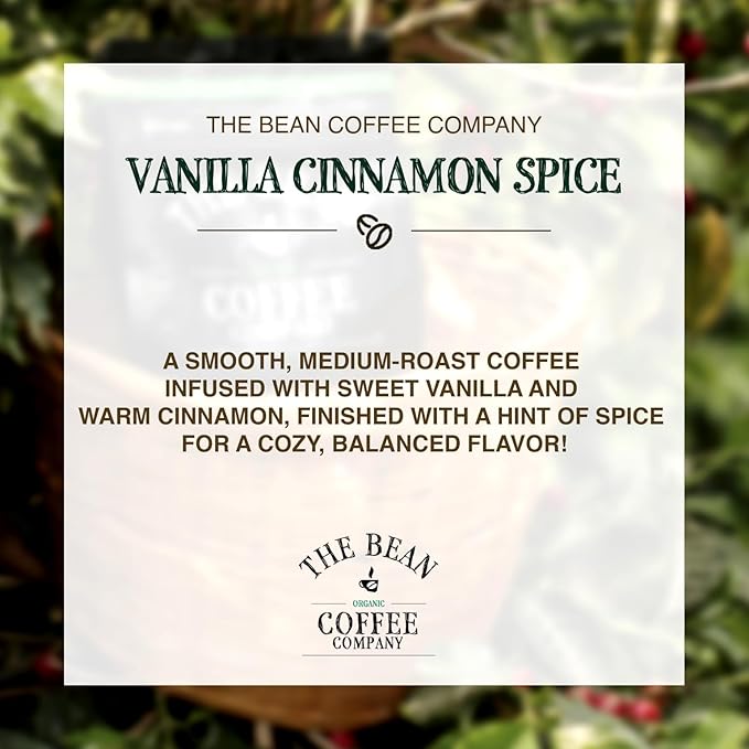 The Bean Organic Coffee Company Holiday Bean (Vanilla Cinnamon Spice), Medium Roast, Ground Coffee, 16-Ounce Bag, Café molido tostado orgánico