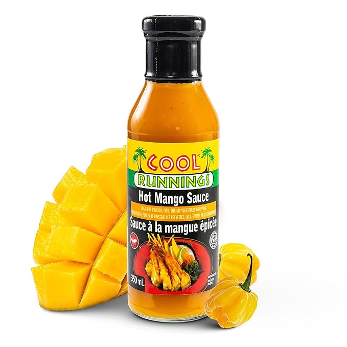 Cool Runnings Hot Mango Sauce, 350 ml - Tangy and Spicy Caribbean Marinade and Sauce for Glazing, Dipping, and Adding Heat to Chicken, Seafood, and Vegetables