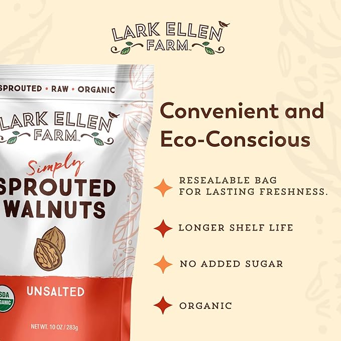 Lark Ellen Farm Organic Sprouted Walnuts ??Raw, Unsalted, Keto-Friendly, Healthy Vegan Snack, Gluten-Free, 10 Oz, 3 Pack