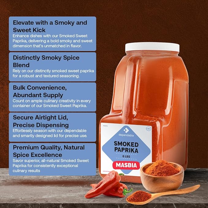 Dependable Food Smoked Sweet Paprika -6 Lb. Jar - Spanish, Bulk, Kosher Paprika Seasoning for Chefs & Culinary Enthusiasts - Natural, Non-GMO - Adds Smoky & Sweet Flavor to Grilled Meats, Paella, Roasted Vegetables, Stews & More - Allergen Free