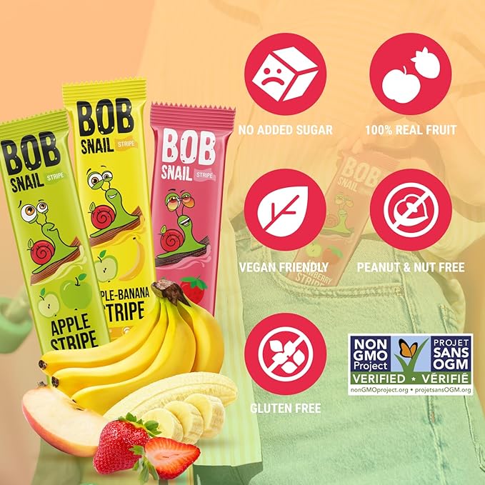 BOB SNAIL Healthy Organic Fruit Snacks for Kids and Adults ??30 Organic Fruit Leather Snacks with Apple, Banana, Strawberry ??Vegan Low-Carb Variety Pack Strips for Kids ??Sugar Free Jerky Bars