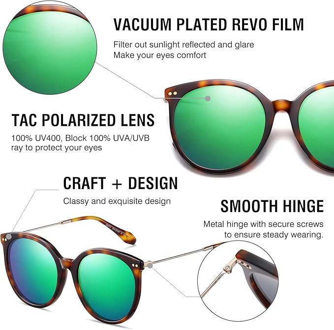 DUCO Oversized Polarized Sunglasses Womens Trendy Mirrored Shades Retro Round Vintage Light Weight UV400 Sun Glasses W016
