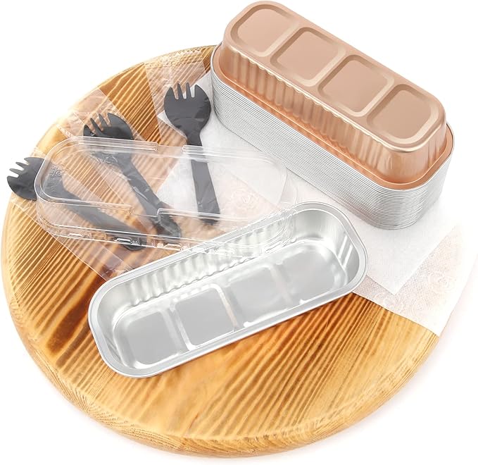 LNYZQUS Disposable Mini Cake Pans with Lids 50 Pack, 6.8oz Rectangle Baking Cups Muffin Tins, Aluminum Foil Baking Tins Mini Loaf Baking Pans Holders-Champagne