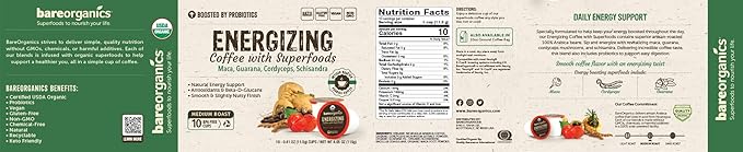 Bare Organics 14198 ENERGIZING USDA Organic Coffee Infused with Superfoods & Probiotics, Compatible Pods, Vegan, Gluten Free, 10ct (Pack of 6)