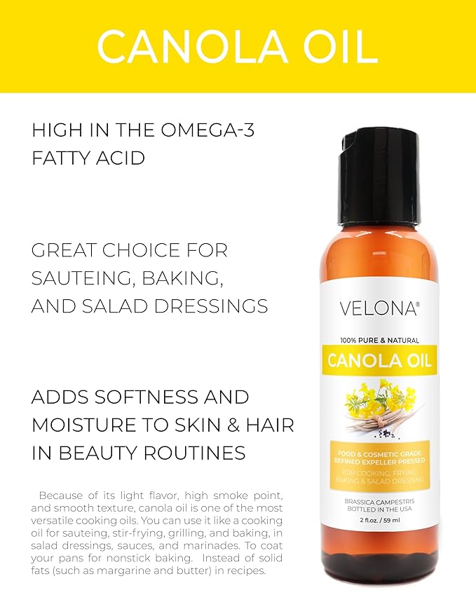 velona Canola Seed Oil 2 fl oz | 100% Pure and Natural Carrier Oil | Refined, Expeller pressed | Cooking, Dressing, Skin, Face, Body, Hair Care | Use Today - Enjoy Results