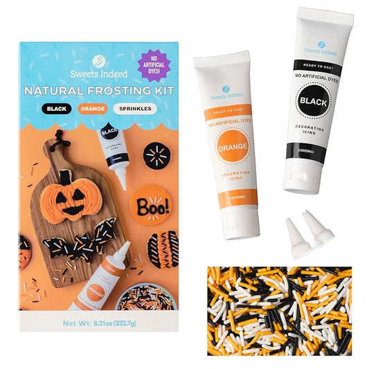 Sweets Indeed Dye-Free Halloween Frosting & Sprinkles Set ??8.22 oz | 2 Frosting Tubes (Orange & Black) + 2 Decorating Tips + 2 oz Sprinkle Mix (Black, Orange & White) | No Artificial Dyes Cupcake & Cookie Decorating Kit